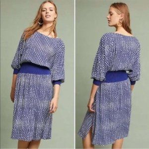 Anthropologie Blue and White Polka-Dot Midi Dress